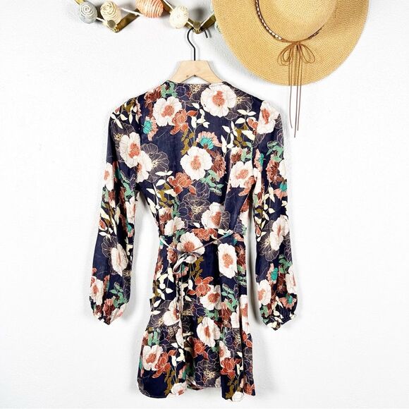 Lulus So Splendid Navy Blue Floral Satin Long Sleeve Wrap Mini Dress Size XS - Picture 4 of 8